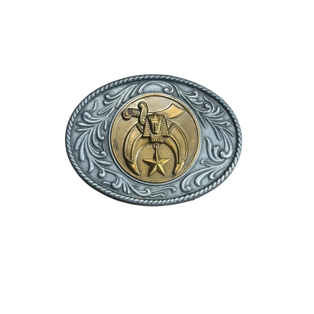 Vintage Shriners Masonic Belt Buckle Two Tone Silver Brass Sphinx Scimitar Star